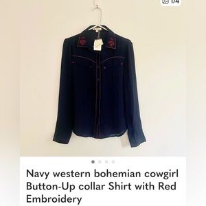 Navy western bohemian cowgirl Button-Up collar Shirt with Red Embroidery